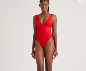 Quince Italian Plunge One-Piece Swimsuit Cherry Red Size Medium NWOT